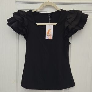 PRETTY GARDEN Ruffle Short Sleeve Black Top New With Tag Sz Small SM